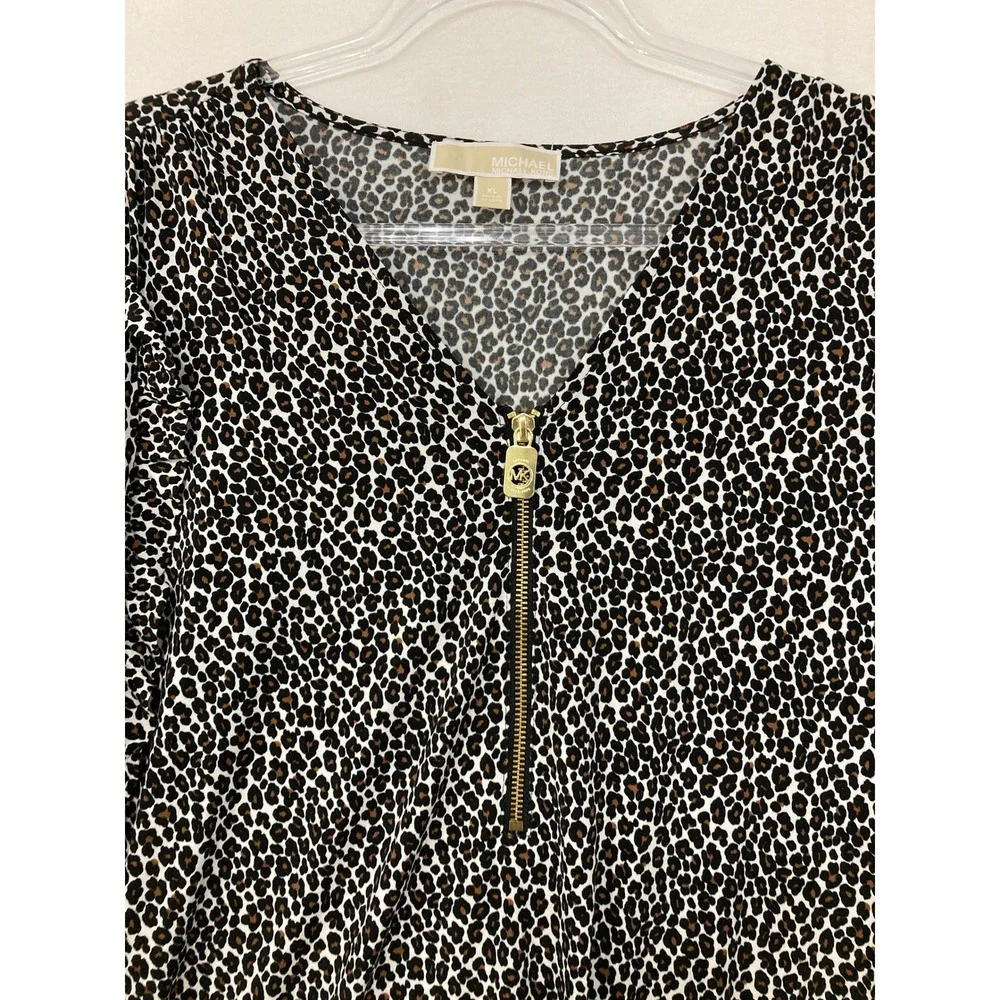 Michael Michael Kors Blouse XL Brown Leopard Print Zip‎ Front Popover Top
